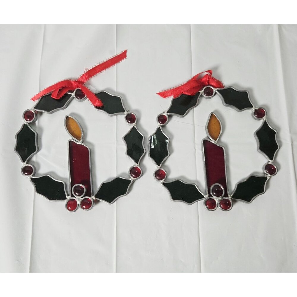 2 Stained Glass Christmas Holly Berry Candle Wreaths Hanging Vtg Suncatcher USA